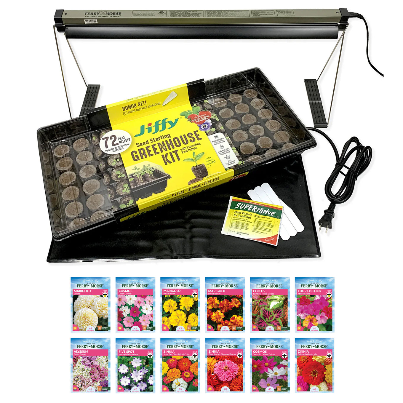 Gardening kit with seed packets, grow light, and Jiffy greenhouse kit on a white background