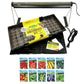 Gardening kit with seed packets, grow light, and greenhouse tray on a white background