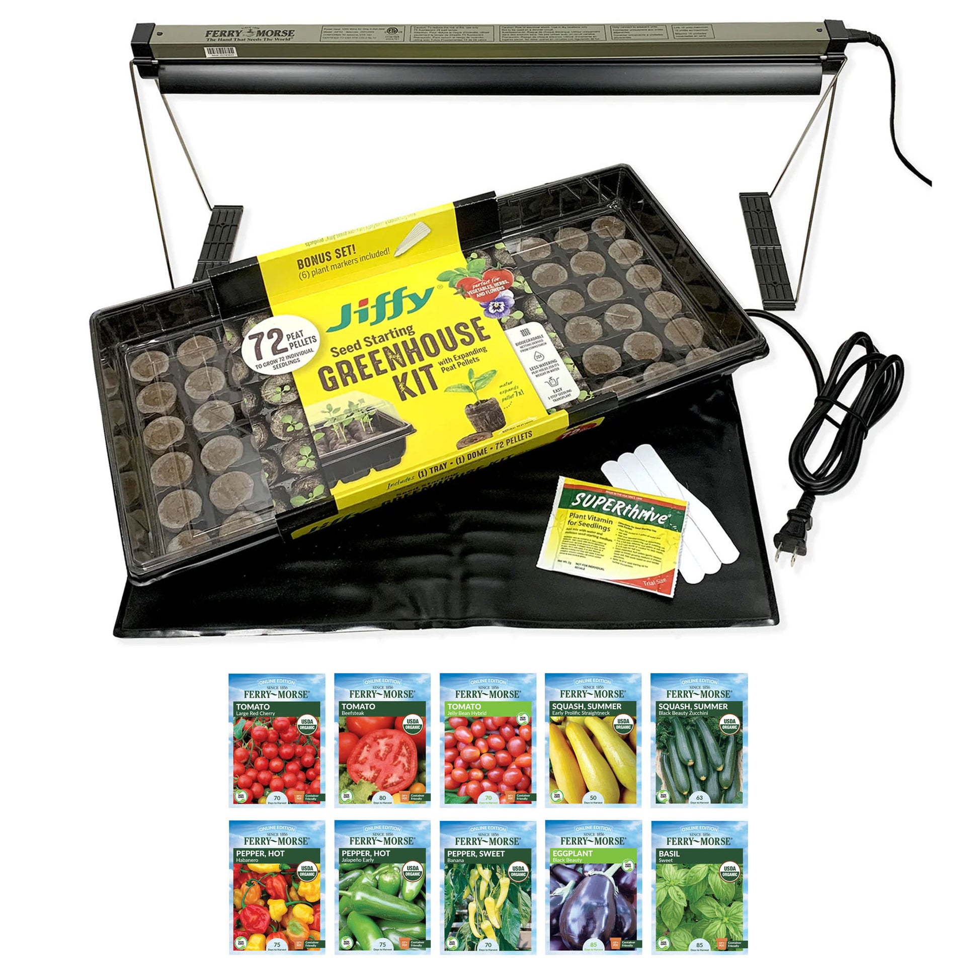 Gardening kit with seed packets, grow light, and greenhouse tray on a white background