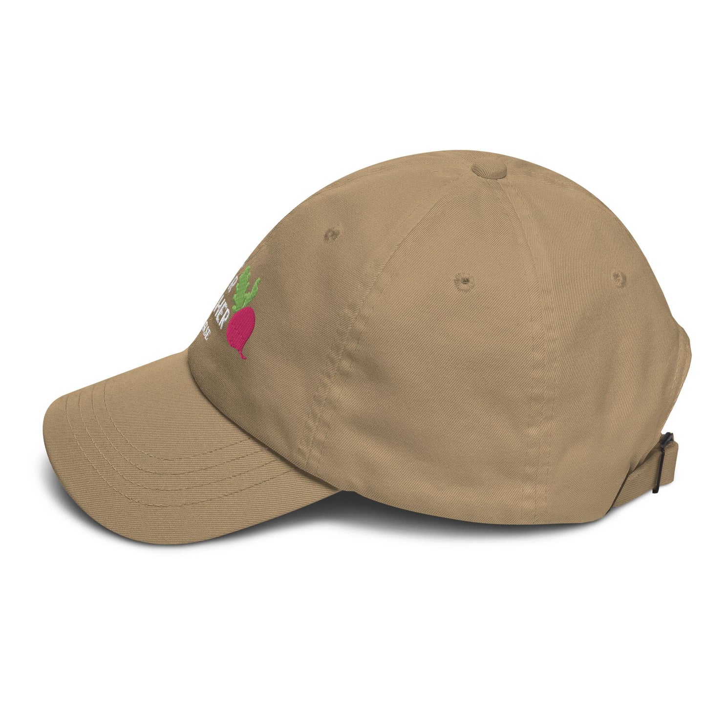 A beige hat with the text 'LET'S ROOT FOR EACH OTHER' and a graphic of a root vegetable on it 