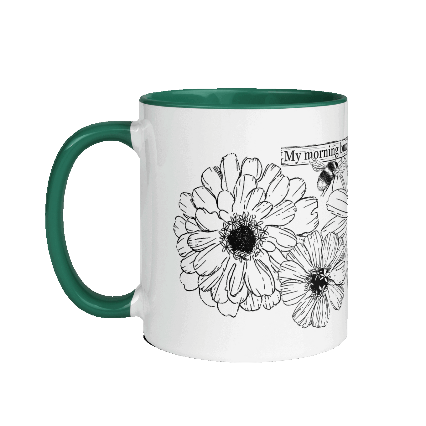 My morning buzz mug with zinnias on it spinning to show all sides 