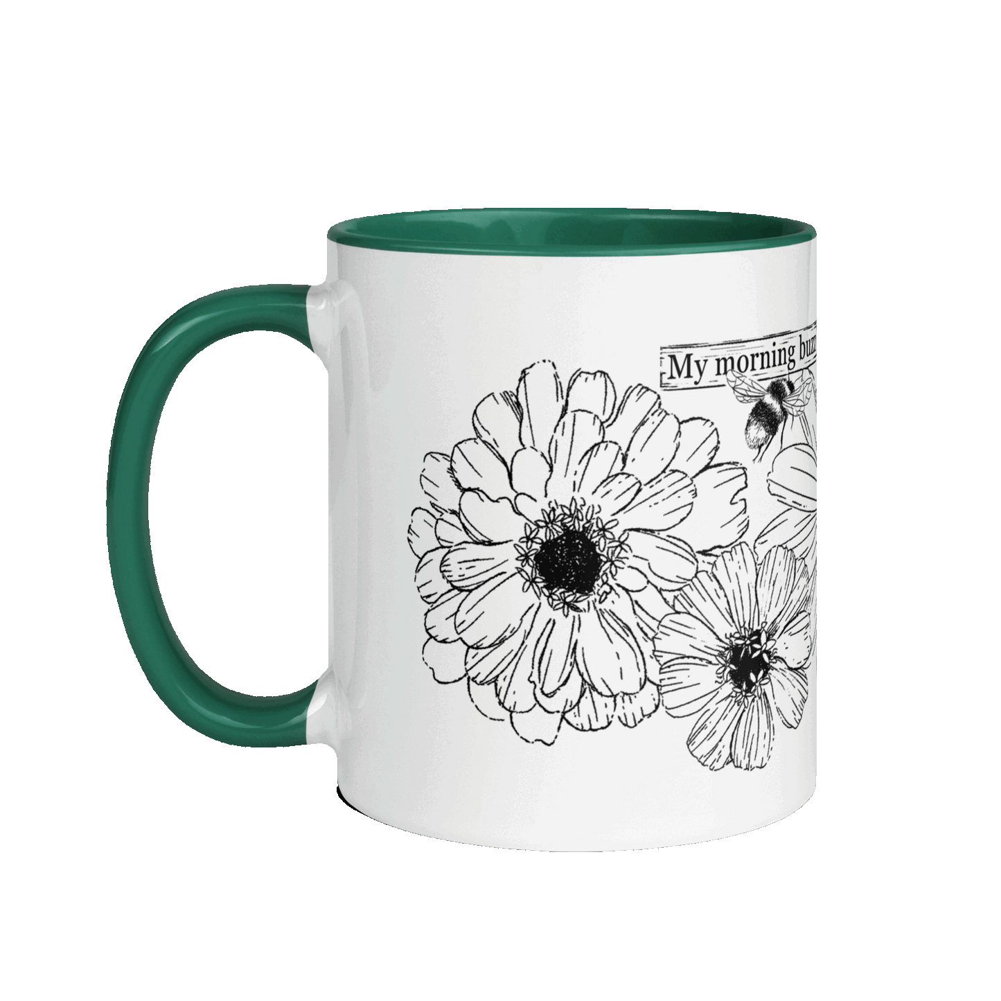 My morning buzz mug with zinnias on it spinning to show all sides 