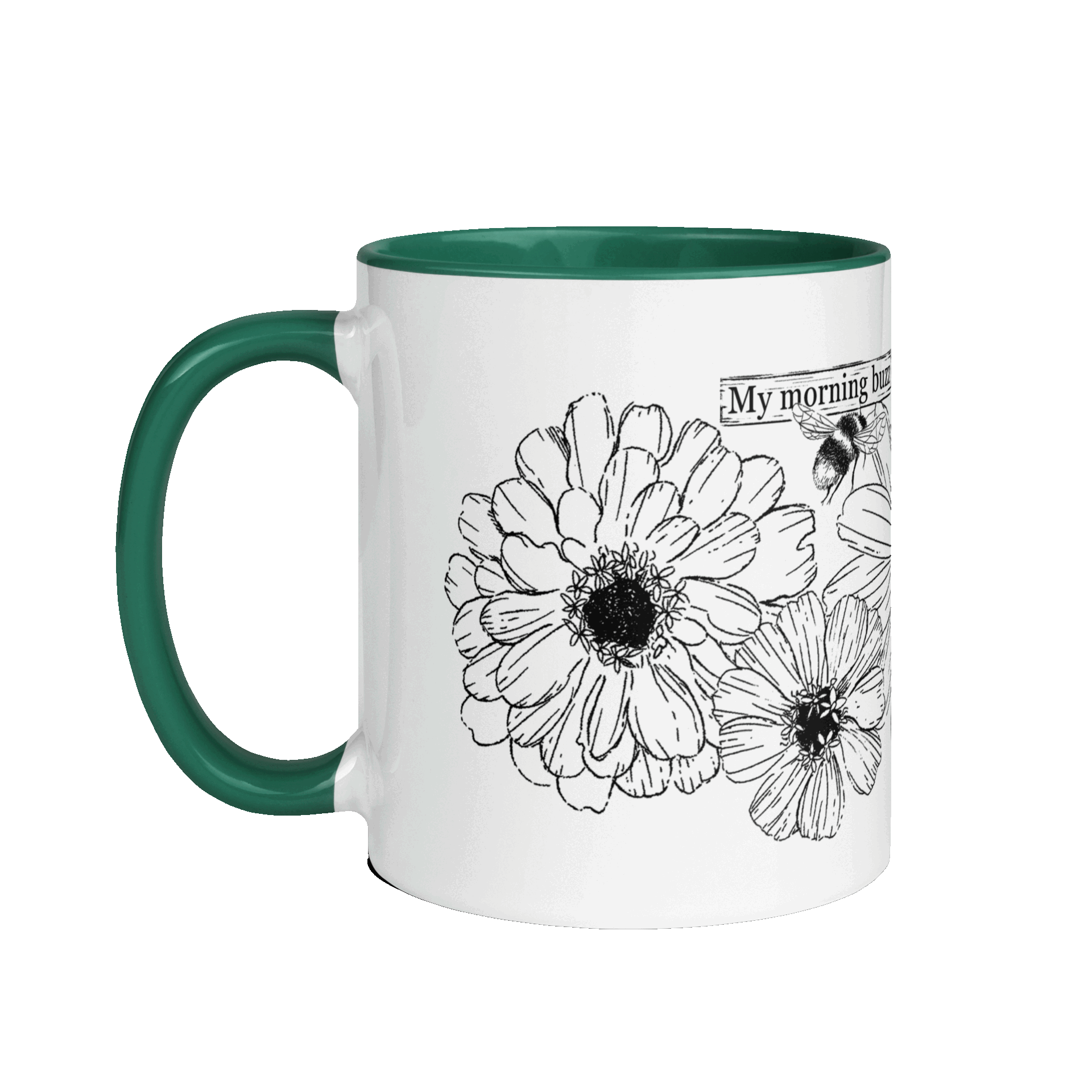 My morning buzz mug with zinnias on it spinning to show all sides 
