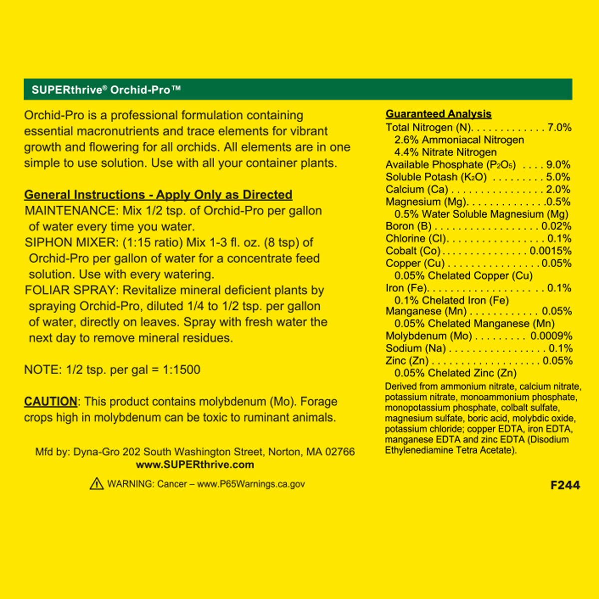Superrthrive Orchid-Pro fertilizer label with text and analysis on a yellow background