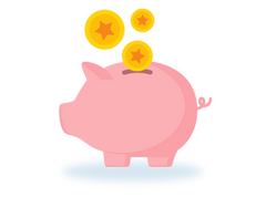A pink cartoon piggy bank with three gold coins floating above it on a white background.