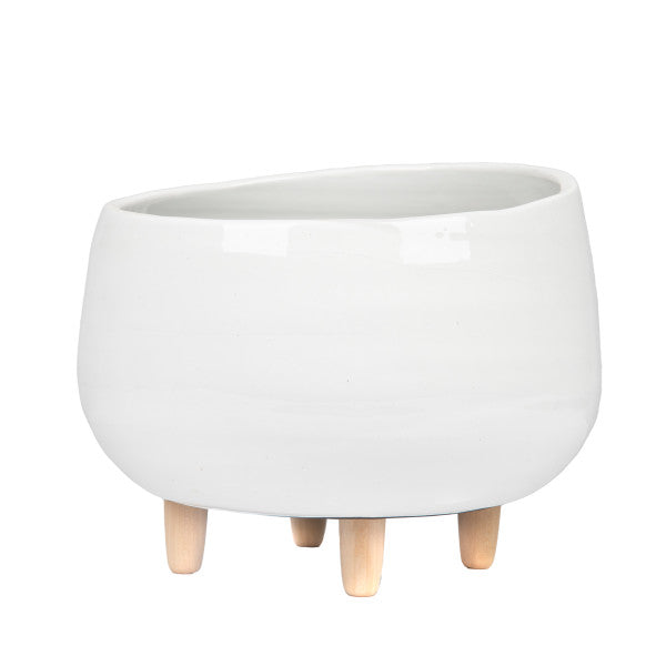 Round Ceramic Planter with Wood Feet, White and Natural