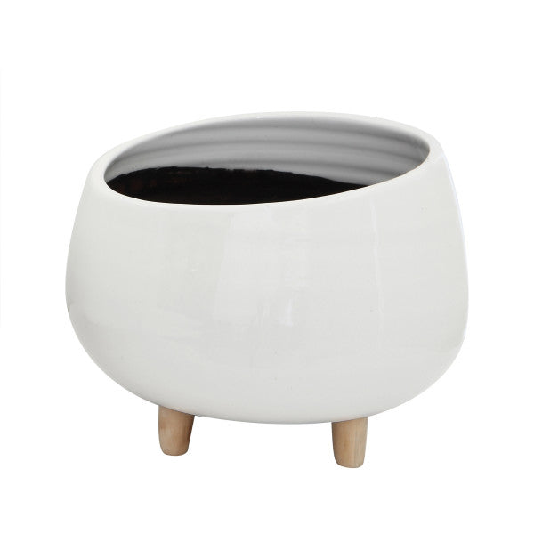 Round Ceramic Planter with Wood Feet, White and Natural