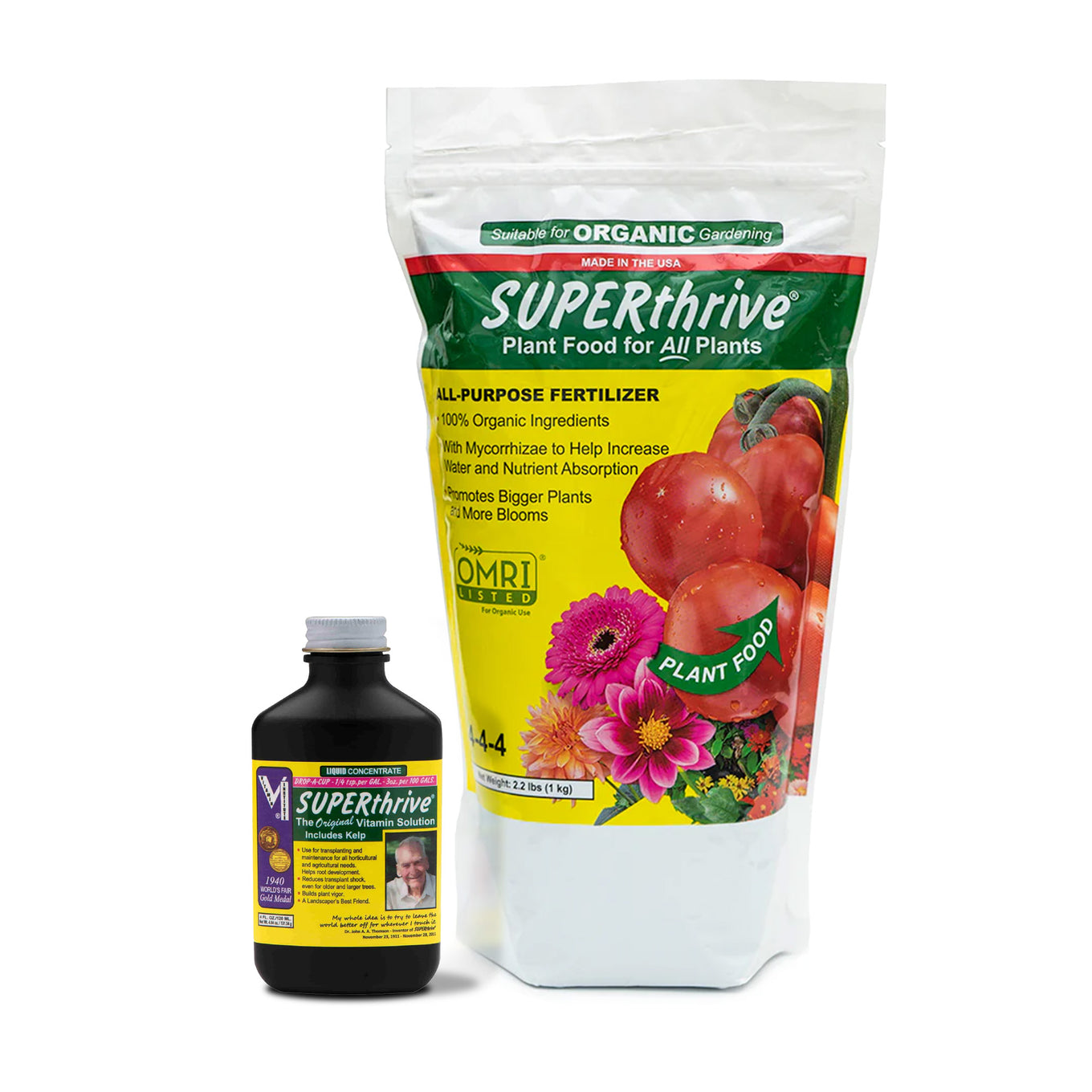 Superthrive plant food packaging with a bottle on a white background