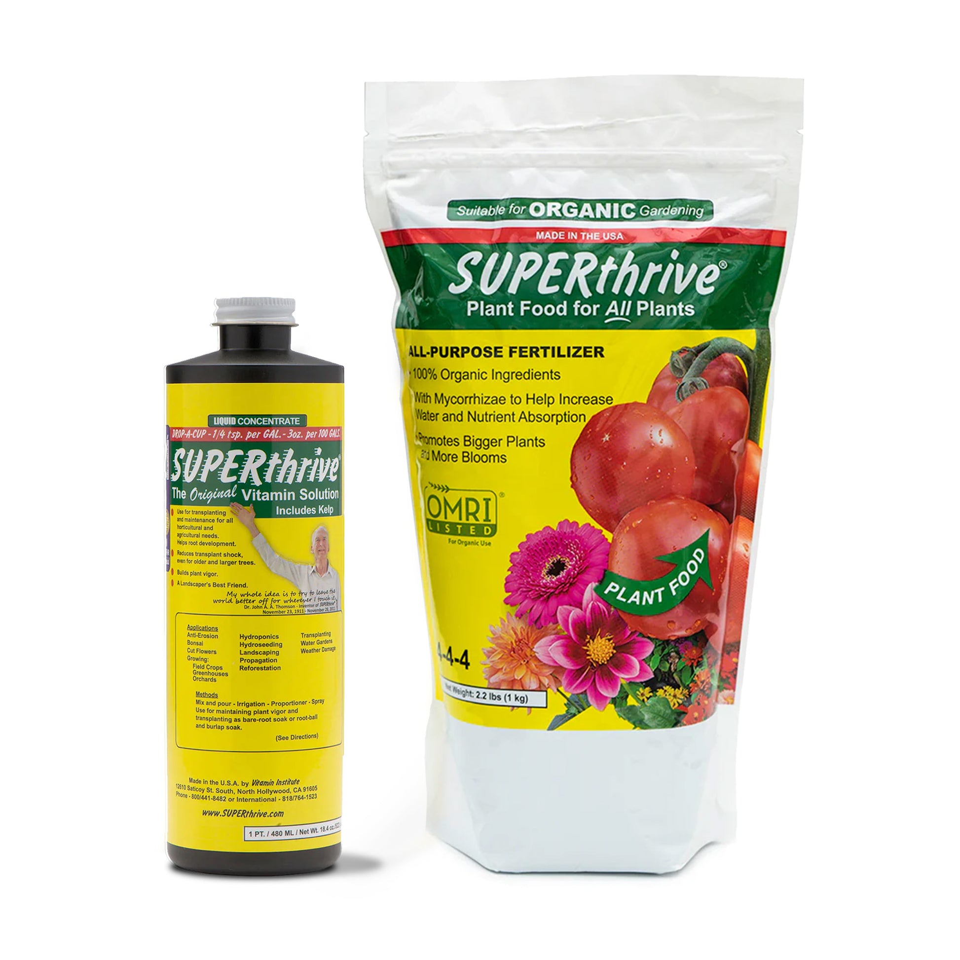Superthrive plant food packaging including a bottle and a bag on a white background