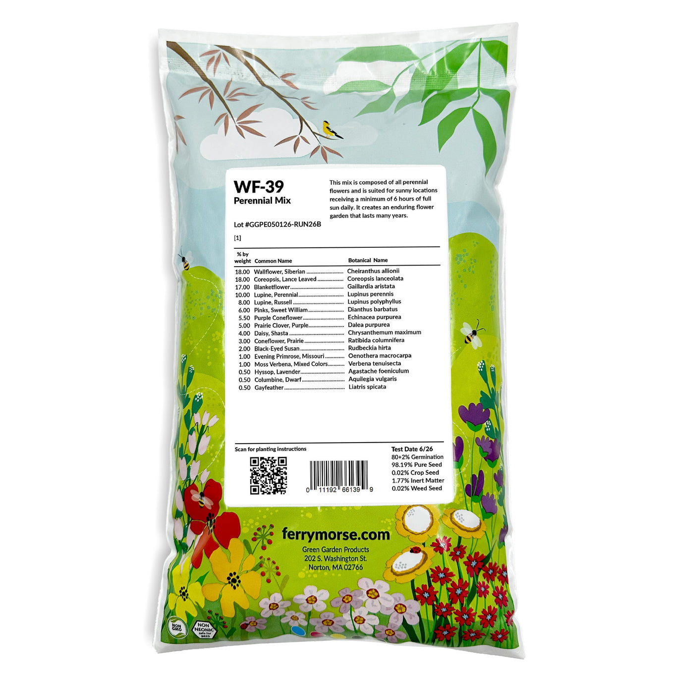 A bag of Ferrymorse WF-39 Perennial Mix, showing the back of the packaging with a white label, barcode, and colorful illustrations of flowers and leaves.