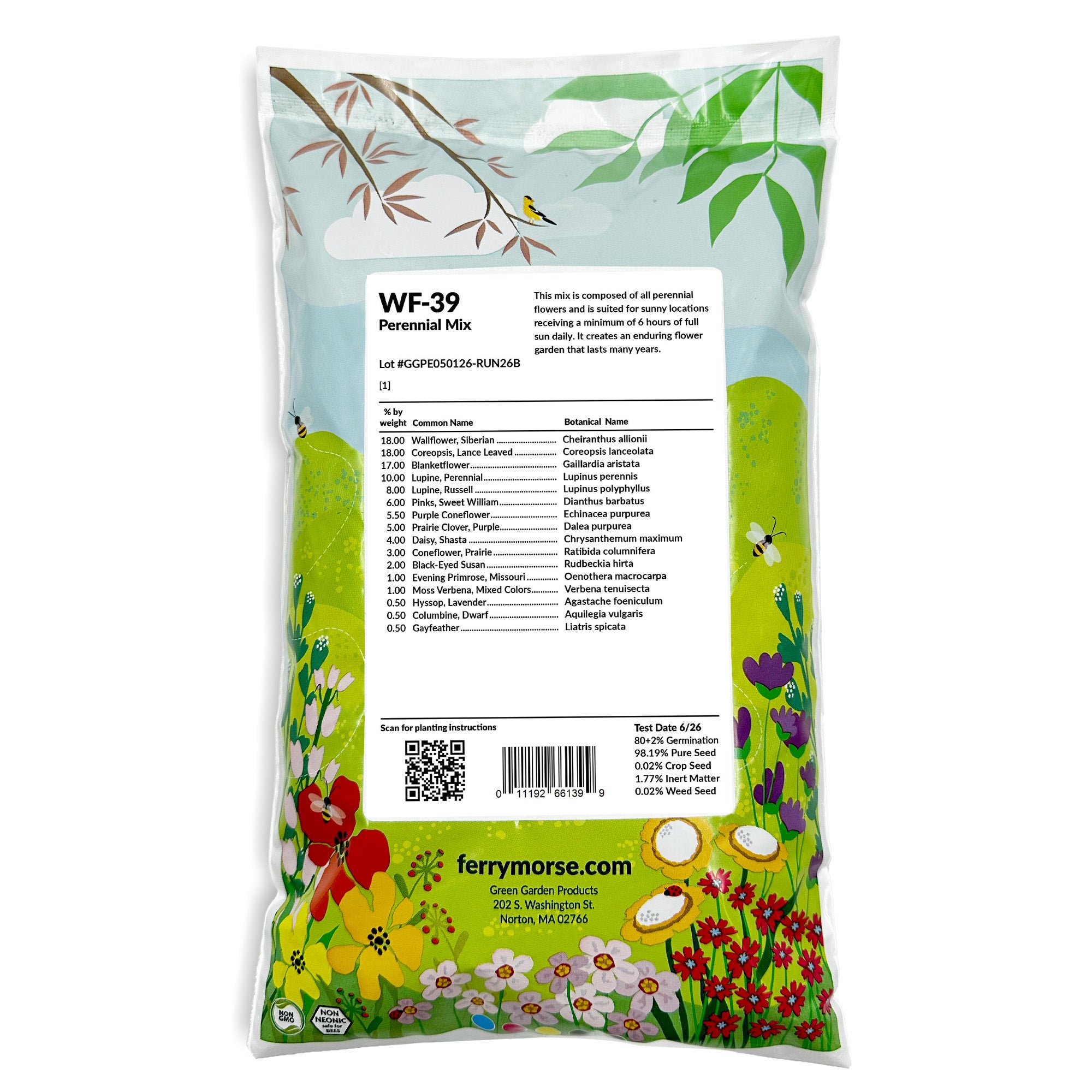 A bag of Ferrymorse WF-39 Perennial Mix, showing the back of the packaging with a white label, barcode, and colorful illustrations of flowers and leaves.