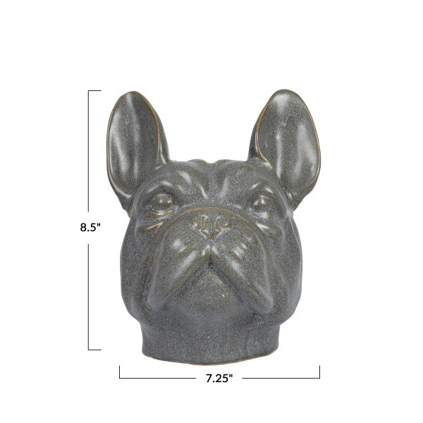 Stoneware French Bulldog Head Vase with Reactive Glaze, Grey