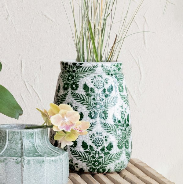 Green & White Flower Terracotta Planter Vase Crackle Glaze - Ferry - Morse
