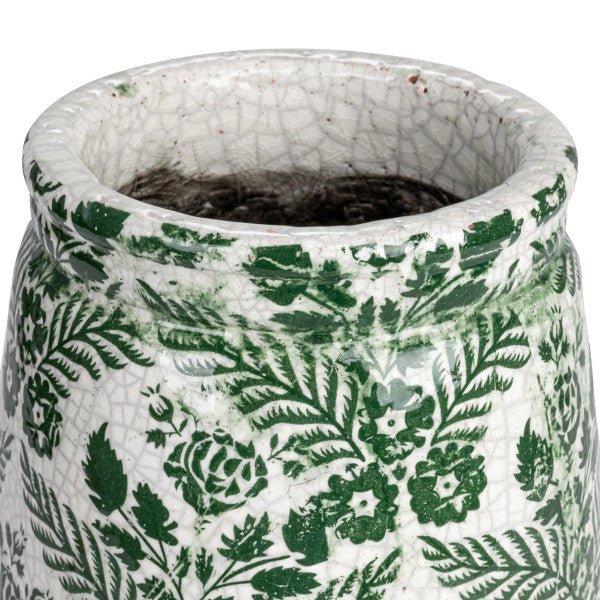 Green & White Flower Terracotta Planter Vase Crackle Glaze - Ferry - Morse