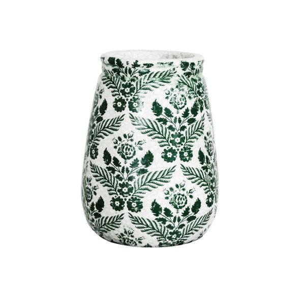 Green & White Flower Terracotta Planter Vase Crackle Glaze - Ferry - Morse