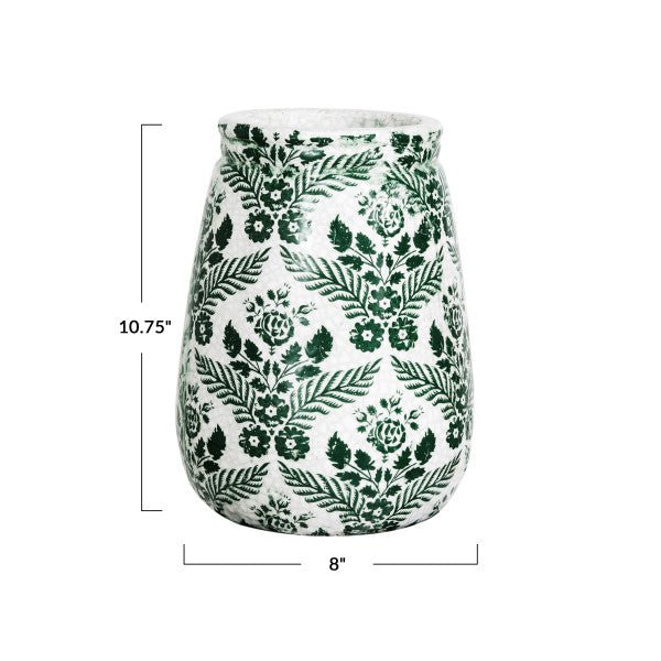 Green & White Flower Terracotta Planter Vase Crackle Glaze - Ferry - Morse