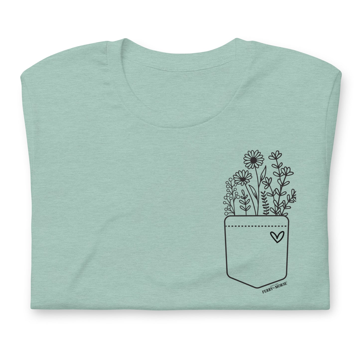 Folded light blue t-shirt with a pocket illustration on a white background