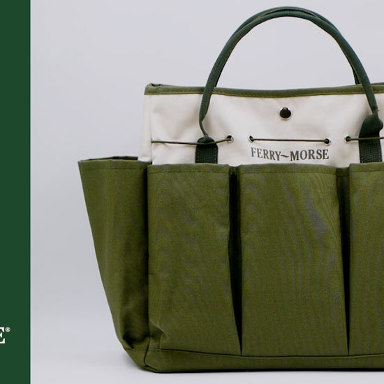 Garden tool bag. The main compartment has three snap buttons. Elastic holds tools securely in pockets. Eight deep pockets keep tools neatly arranged. One sturdy bag to hold all your favorite tools. 