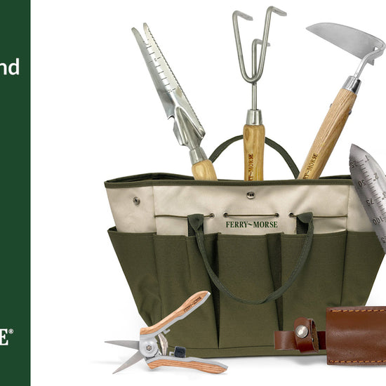 Premium hand tools & tote 6-piece set. High-quality, water-resistant tote with 8 deep pockets. Premium 5-in-1 stainless-steel multi-weeder. Premium garden cultivator. Premium garden hand razor hoe. Premium pruning garden snips. Premium hori hori knife & trowel hand tool. Upgrade your gardening with our premium tool & tote set. 