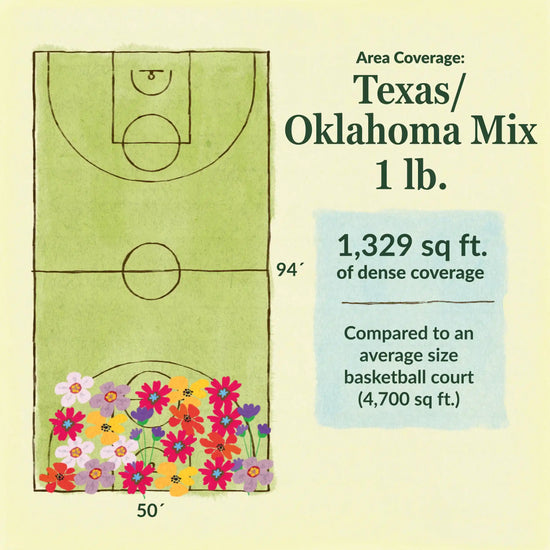 Texas / Oklahoma flower mix area coverage for 1lb seed mix. 1329 sq ft of dense coverage compared to an average size basketball court (4700 sq ft)