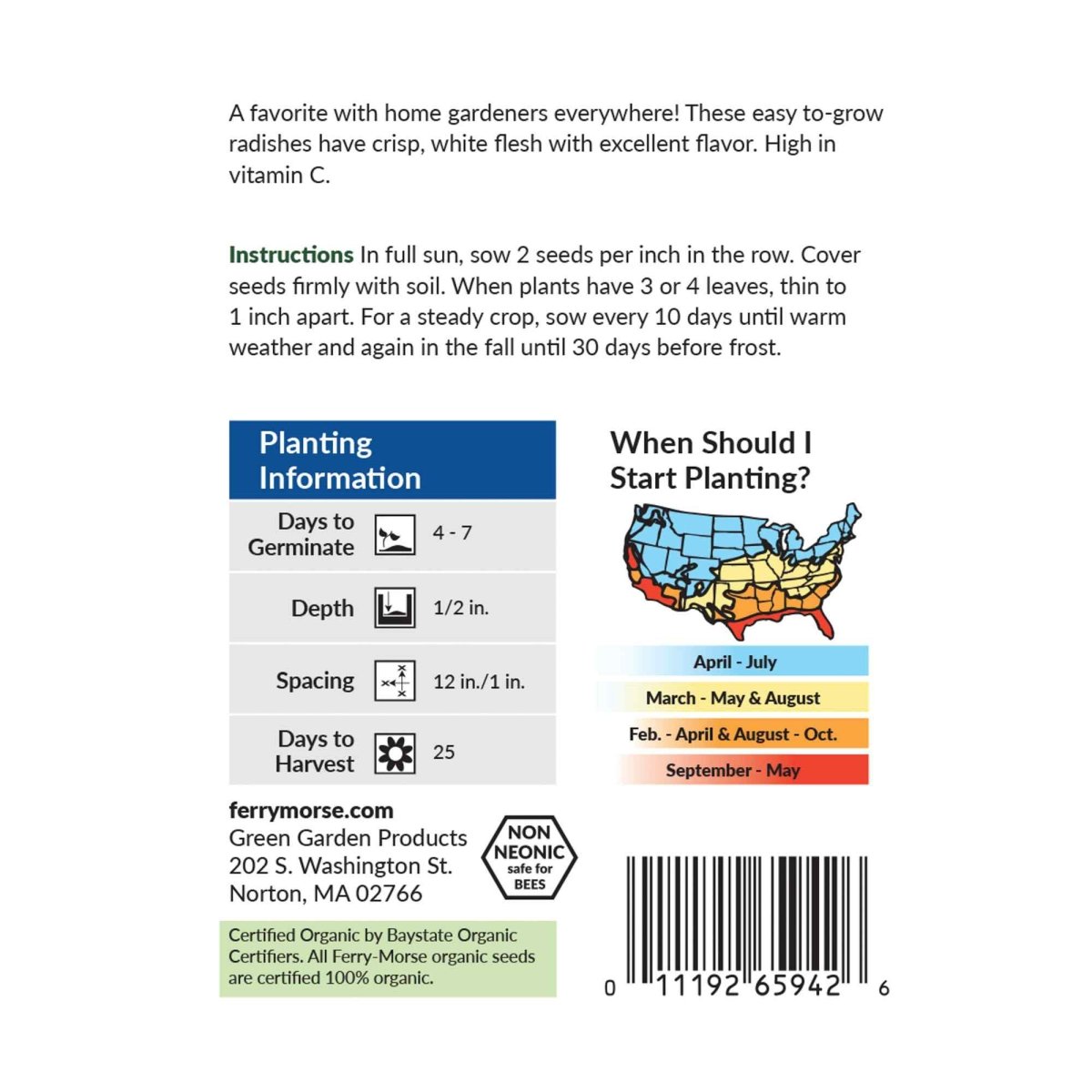 Radish, Sparkler Organic Seeds, 2.6g - Ferry - Morse