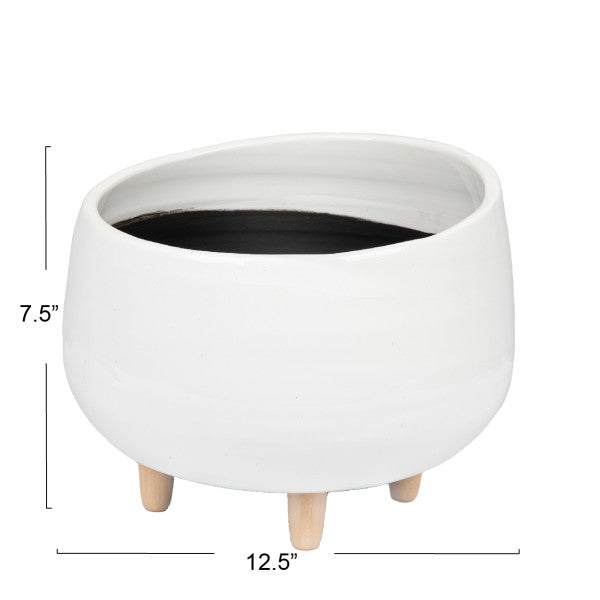 Round Ceramic Planter with Wood Feet, White and Natural