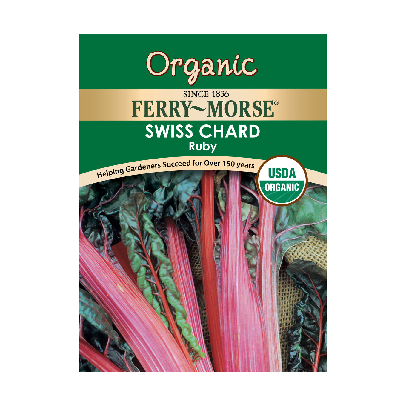 Image of the front of Organic Ruby Swiss Chard seeds packet.