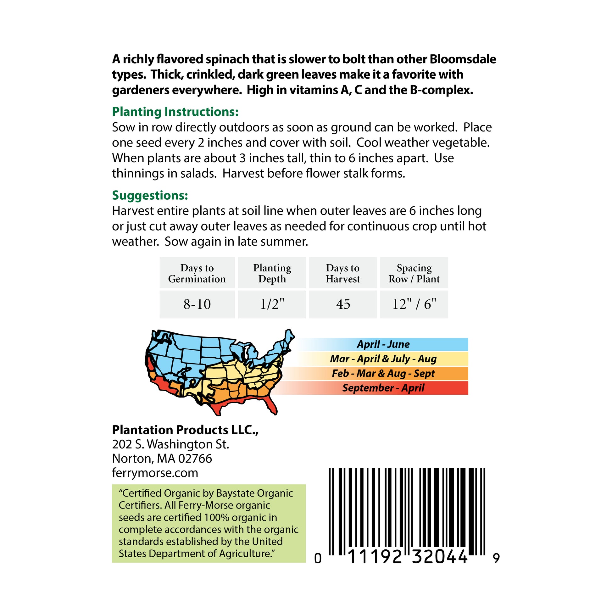 Image of the back of Organic Bloomsdale Long Standing Spinach seeds packet.