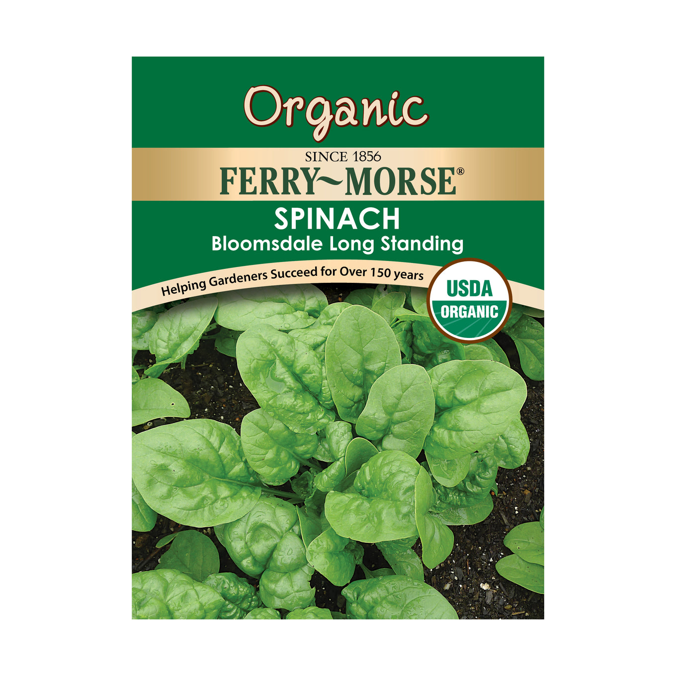 Image of the front of Organic Bloomsdale Long Standing Spinach seeds packet.