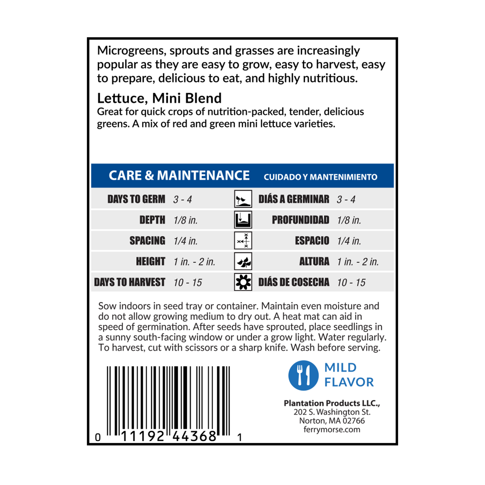 Back of Mini Blend Lettuce Microgreens Seeds packet from Ferry Morse