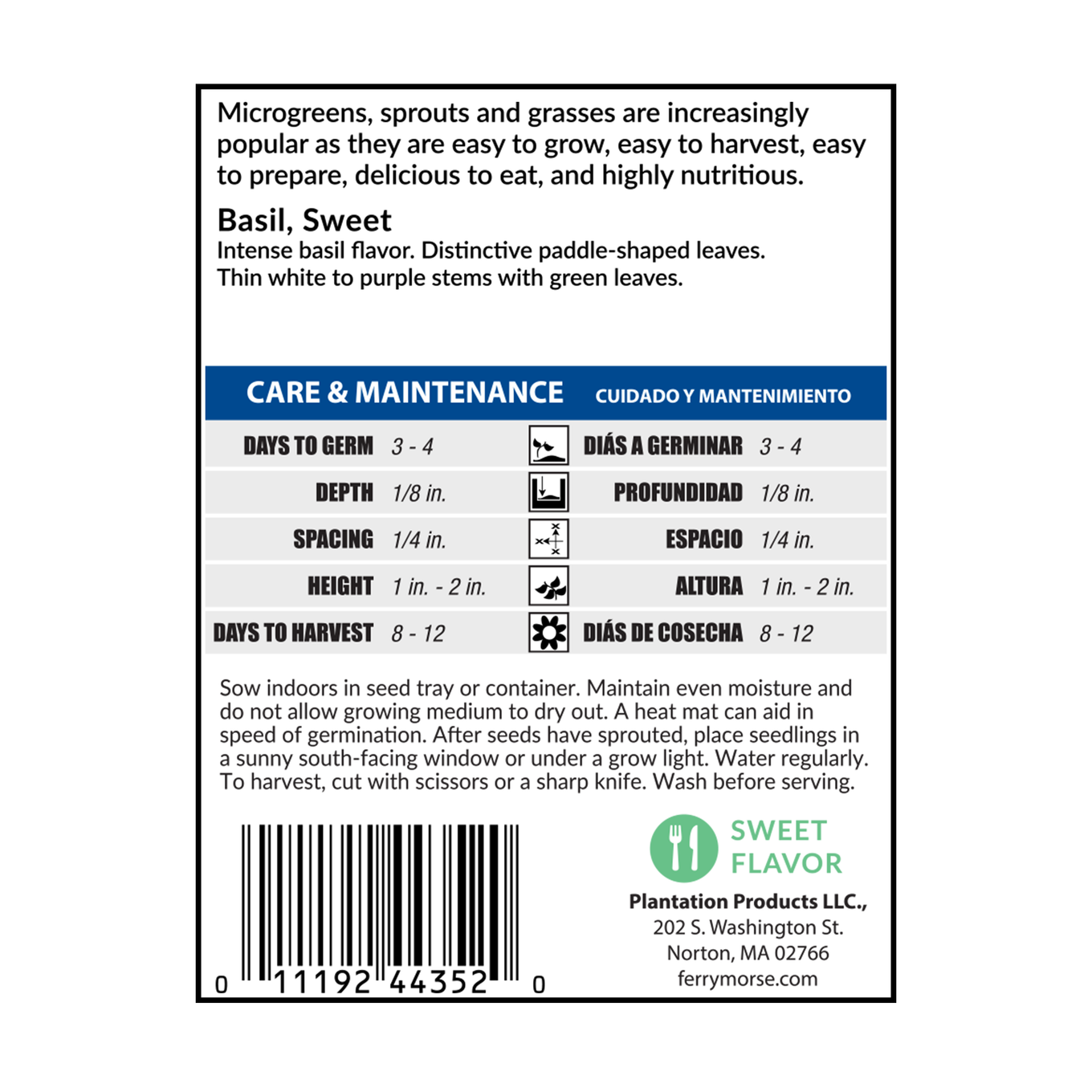 Back of Sweet Basil microgreens seeds packet_Includes description of microgreens, information on sweet basil taste and how to plant seeds!