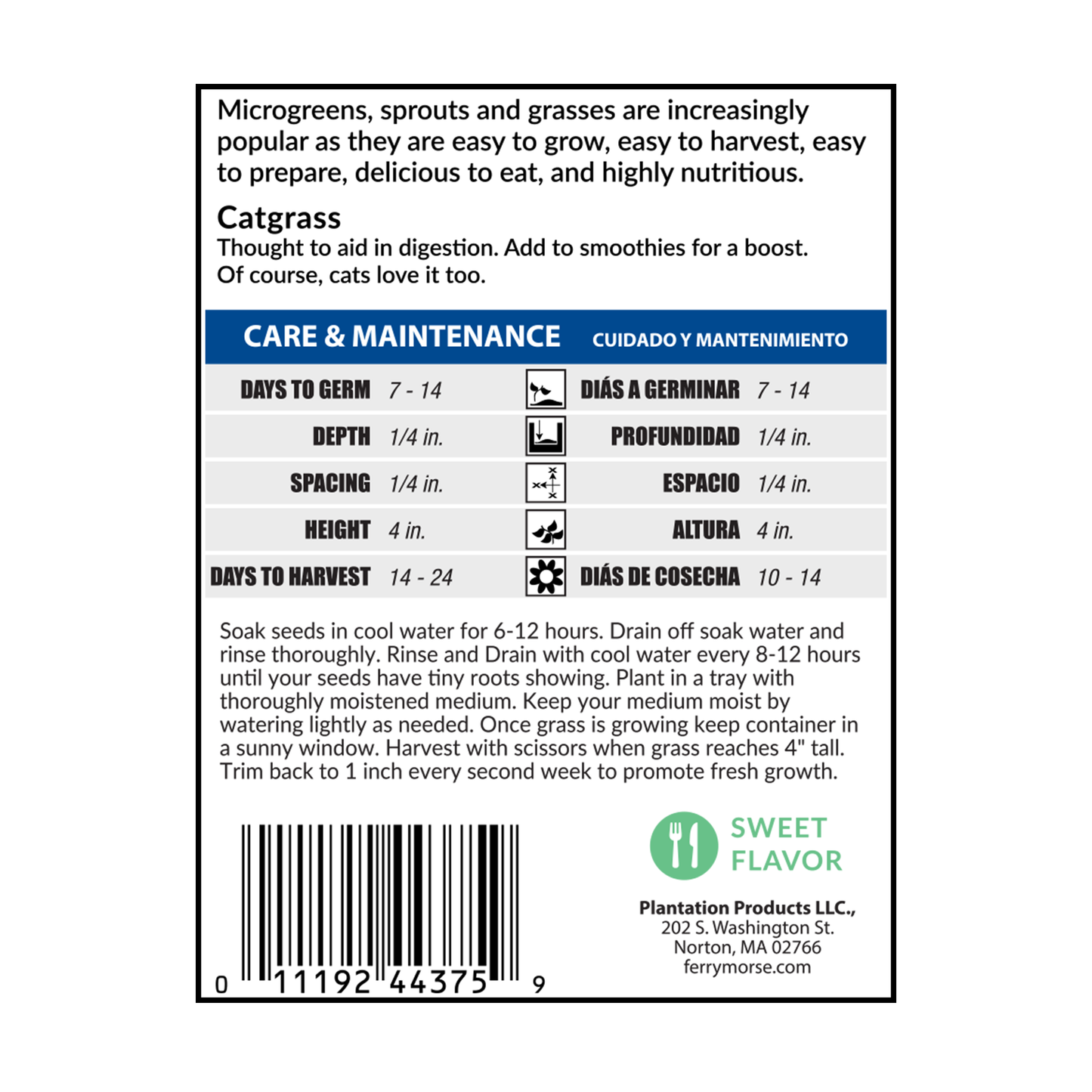 Catgrass microgreens back of seeds packet_Reads "Thought to aid in digestion. Add to smoothies for a boost. Of course, cats love it too. Sweet Flavor."