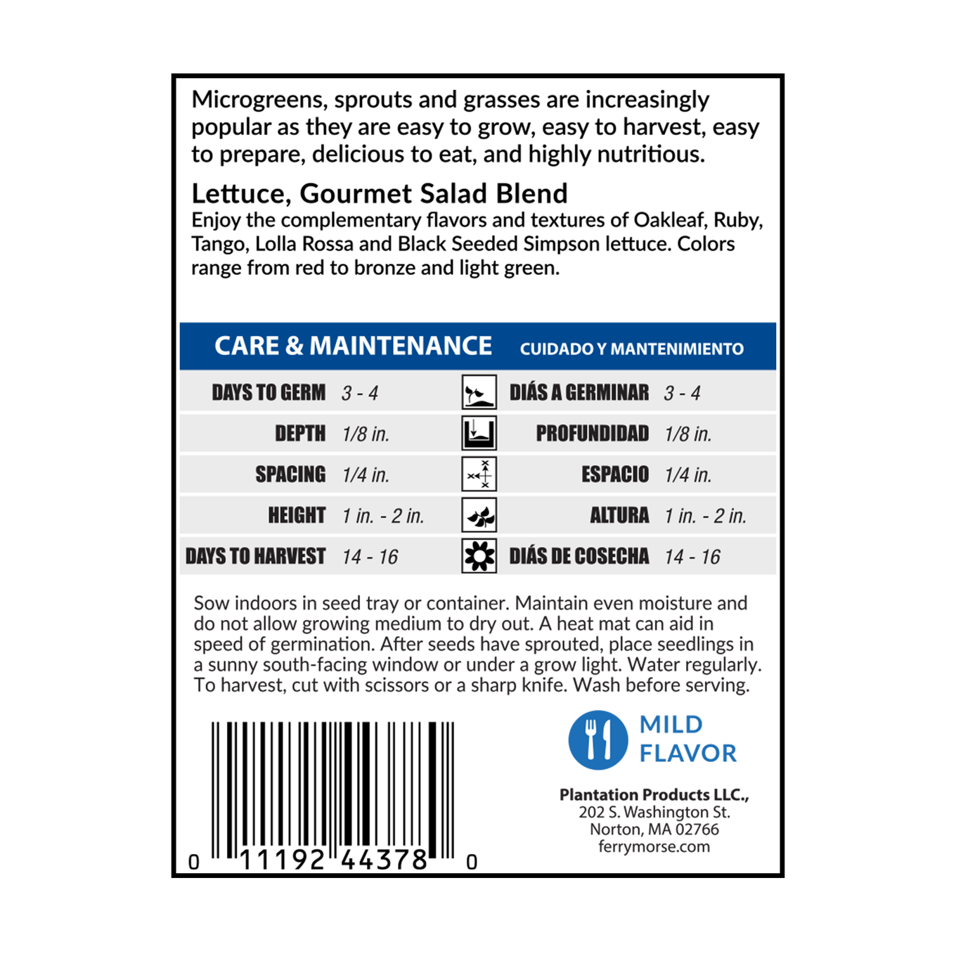 Back of Gourmet Salad Blend lettuce seeds packet_Back of packet displays sowing instructions as well as harvesting instructions.