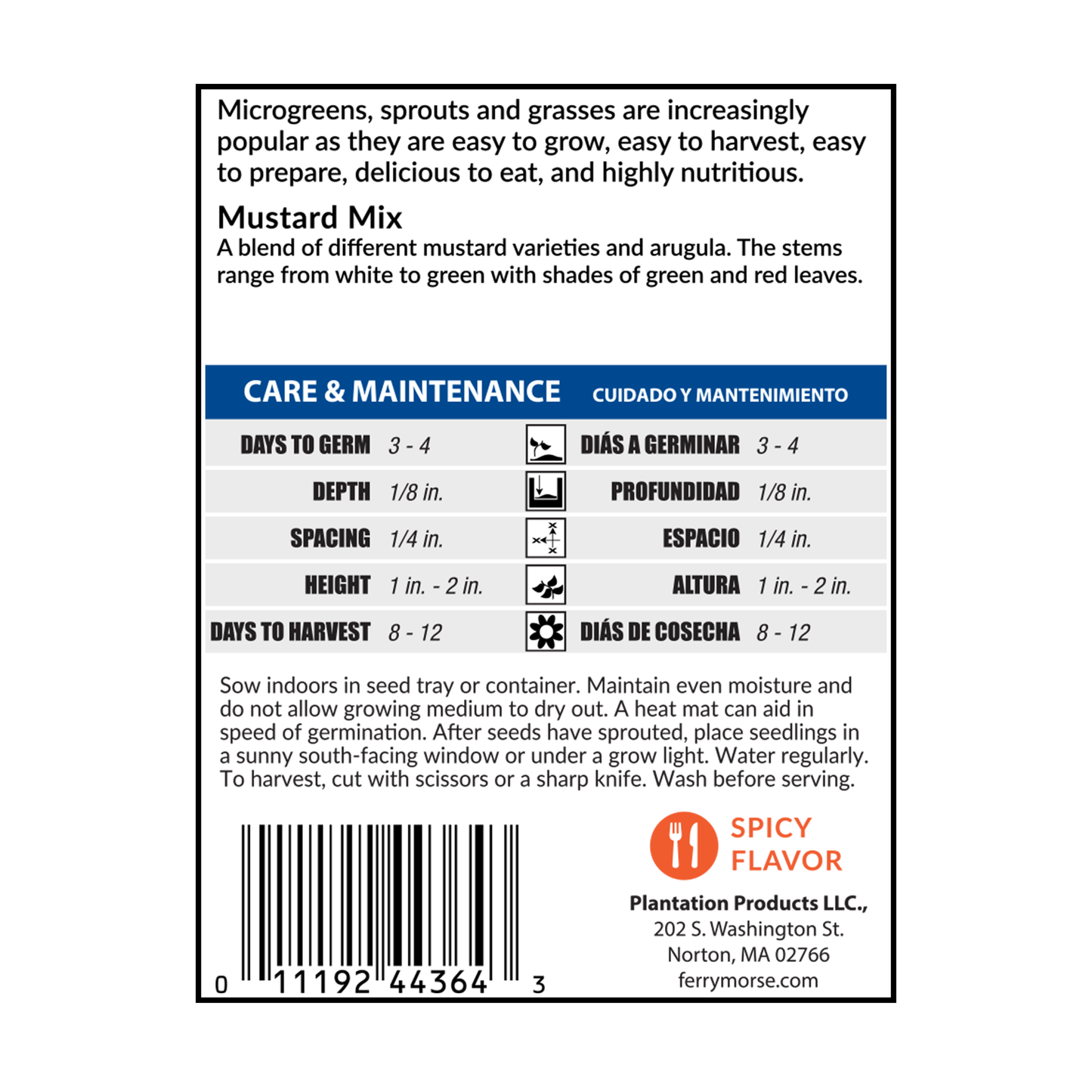 Back of Mustard Mix microgreens seeds packet_Packet reads "A blend of different mustard varieties and arugula. The stems range from white to green with shades of green and red leaves. Spicy Flavor."