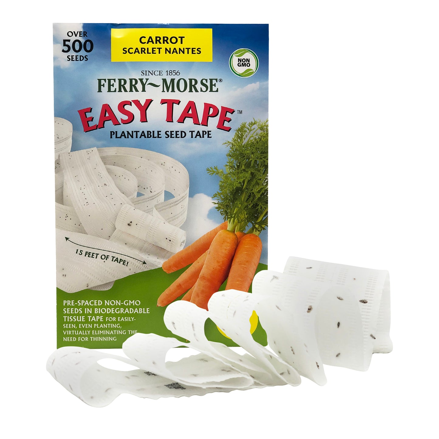 Scarlet Nantes Carrots Coreless Seeds Tape in retail packaging perched in front of biodegradable tissue tape on display.