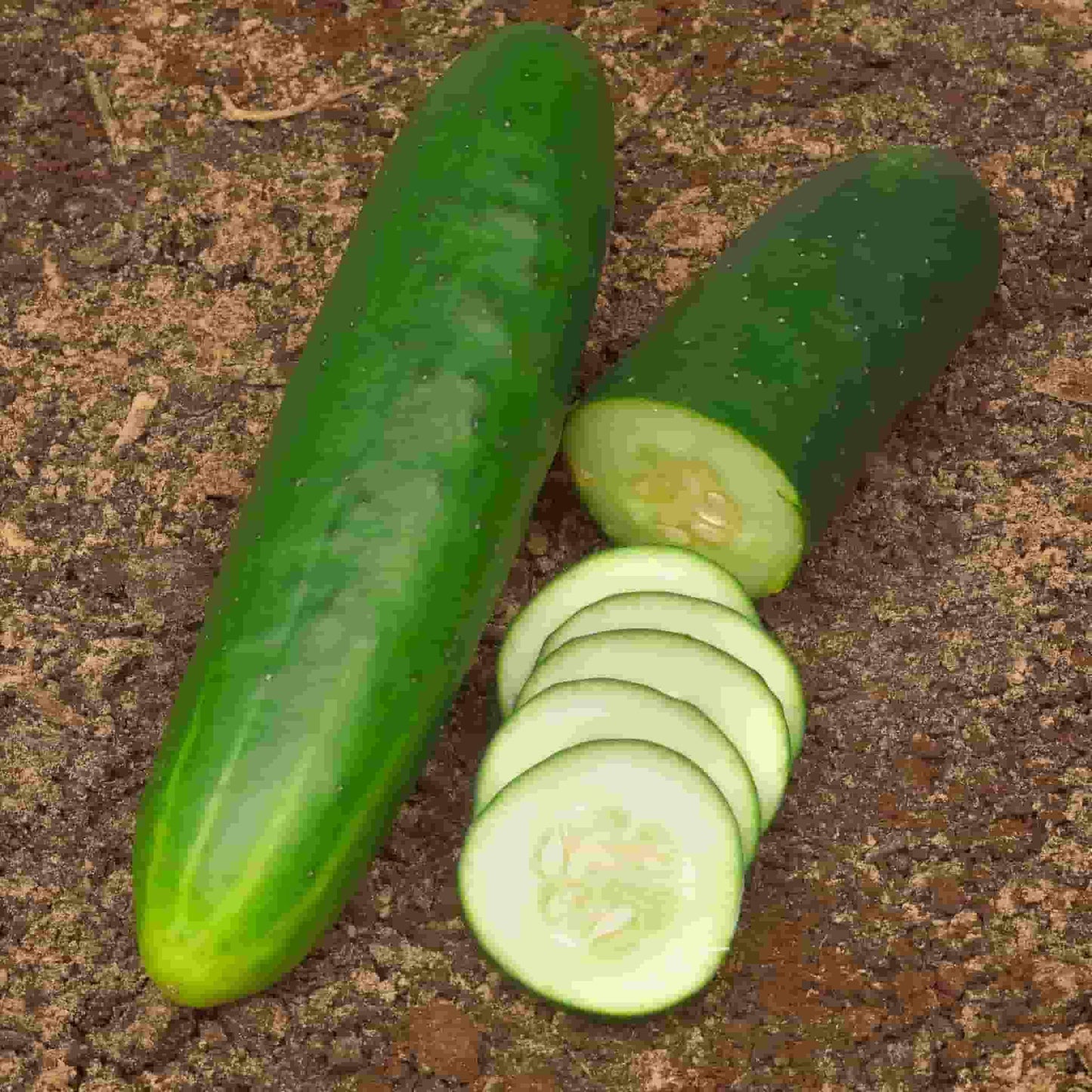 Straight Eight Cucumber freshly harvested and cut to show the delicious inside of this fruit.