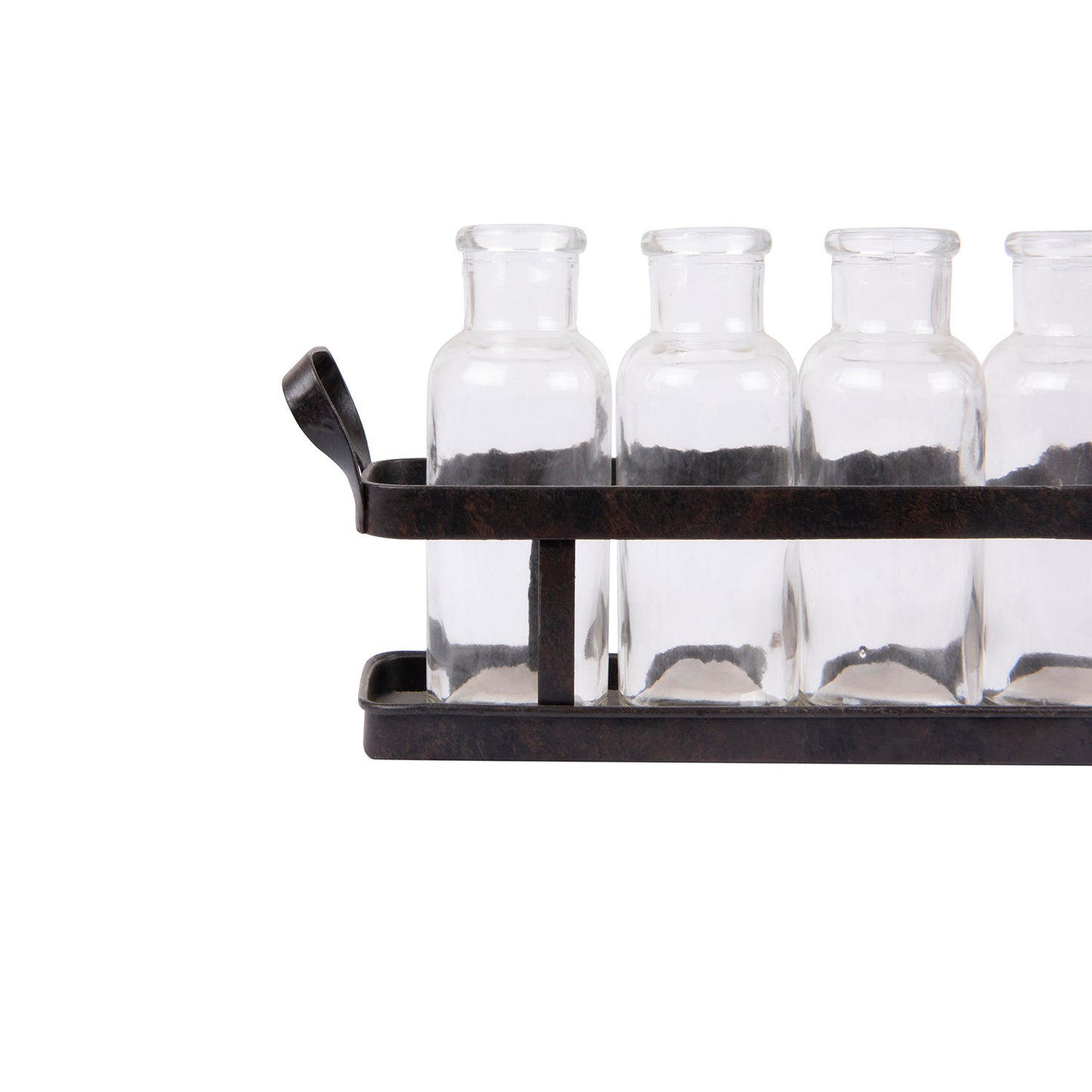 Seven Glass Bottle Vases on Rectangular Metal Tray