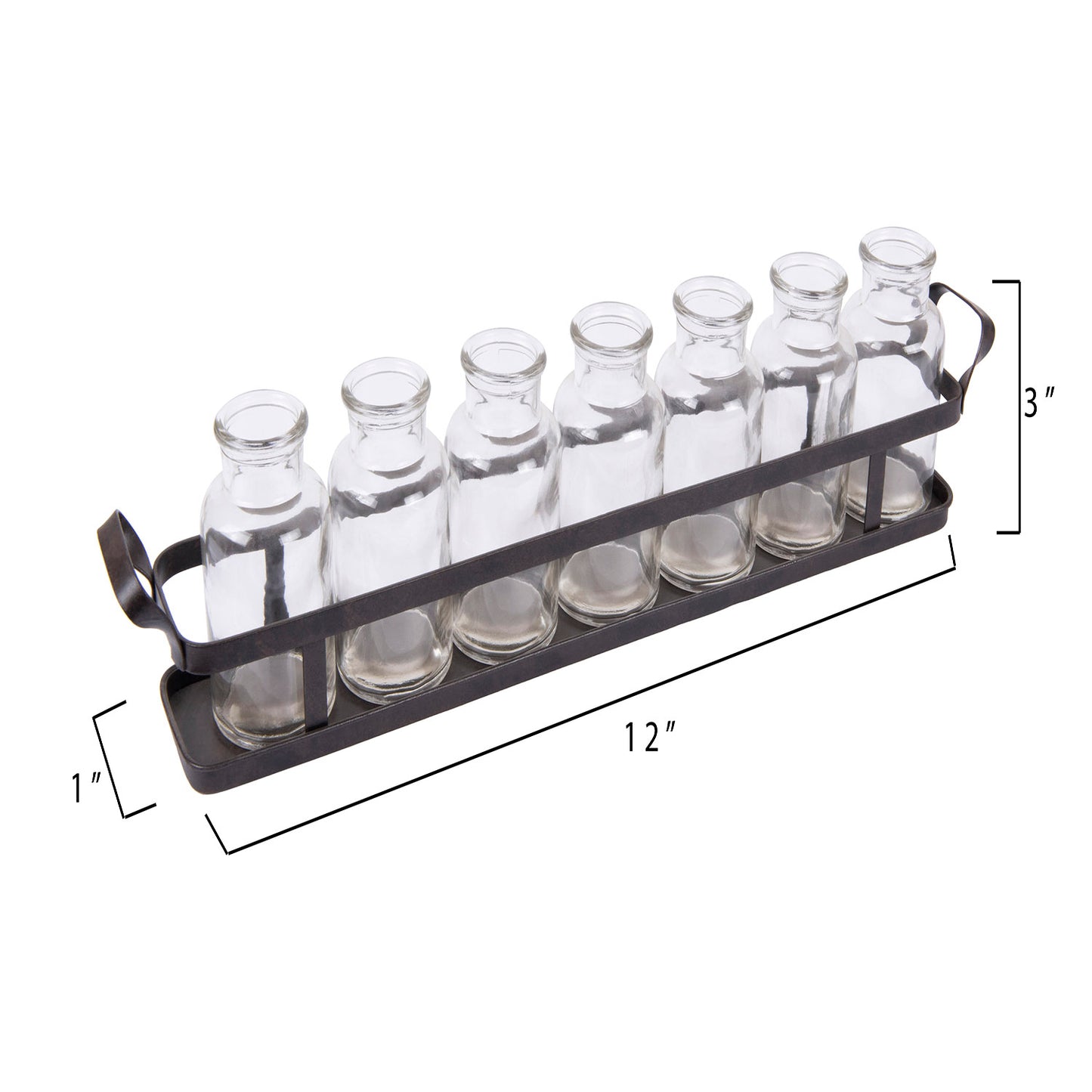Seven Glass Bottle Vases on Rectangular Metal Tray