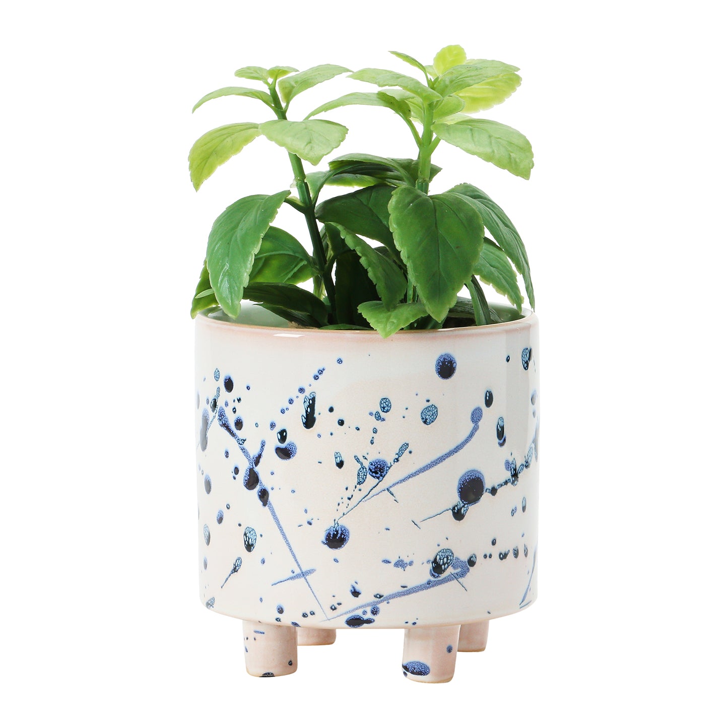 Stoneware Footed Planter with Splatter Design, White & Blue