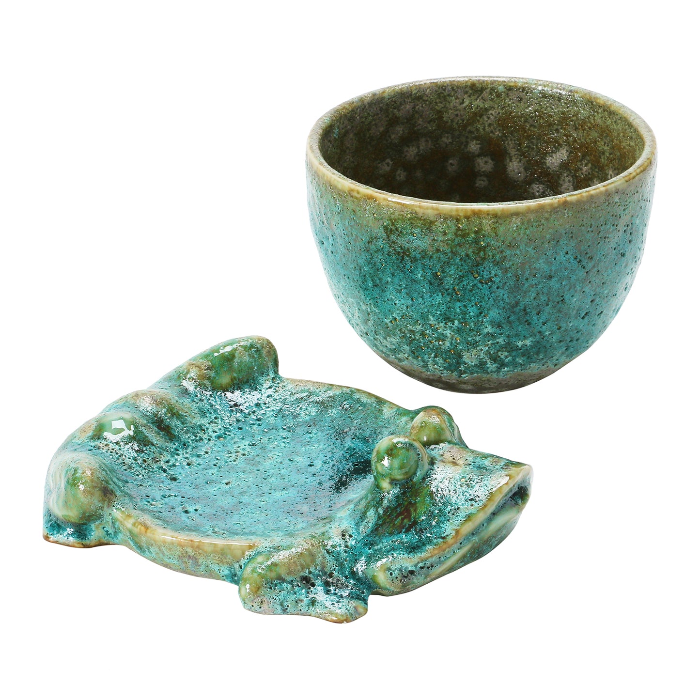 Stoneware Planter with Frog Base, Reactive Glaze, Green, Set of 2 (Each One Will Vary) (Holds 5" Pot)