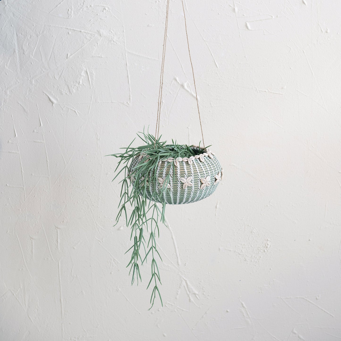 Hanging Handwoven Rattan Planter with Shells & Jute Hanger