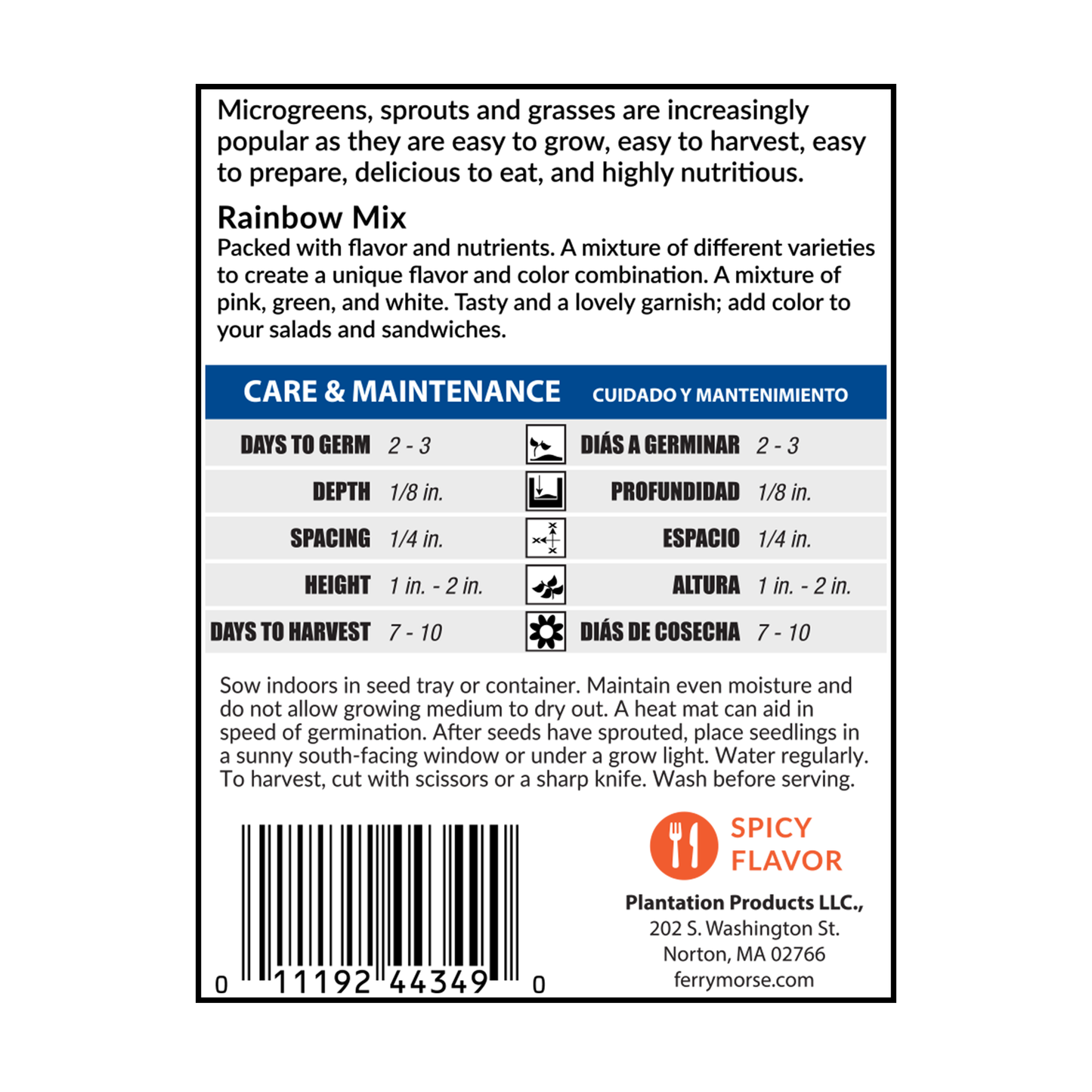 Back of Rainbow Mix Microgreens seeds packet from Ferry Morse