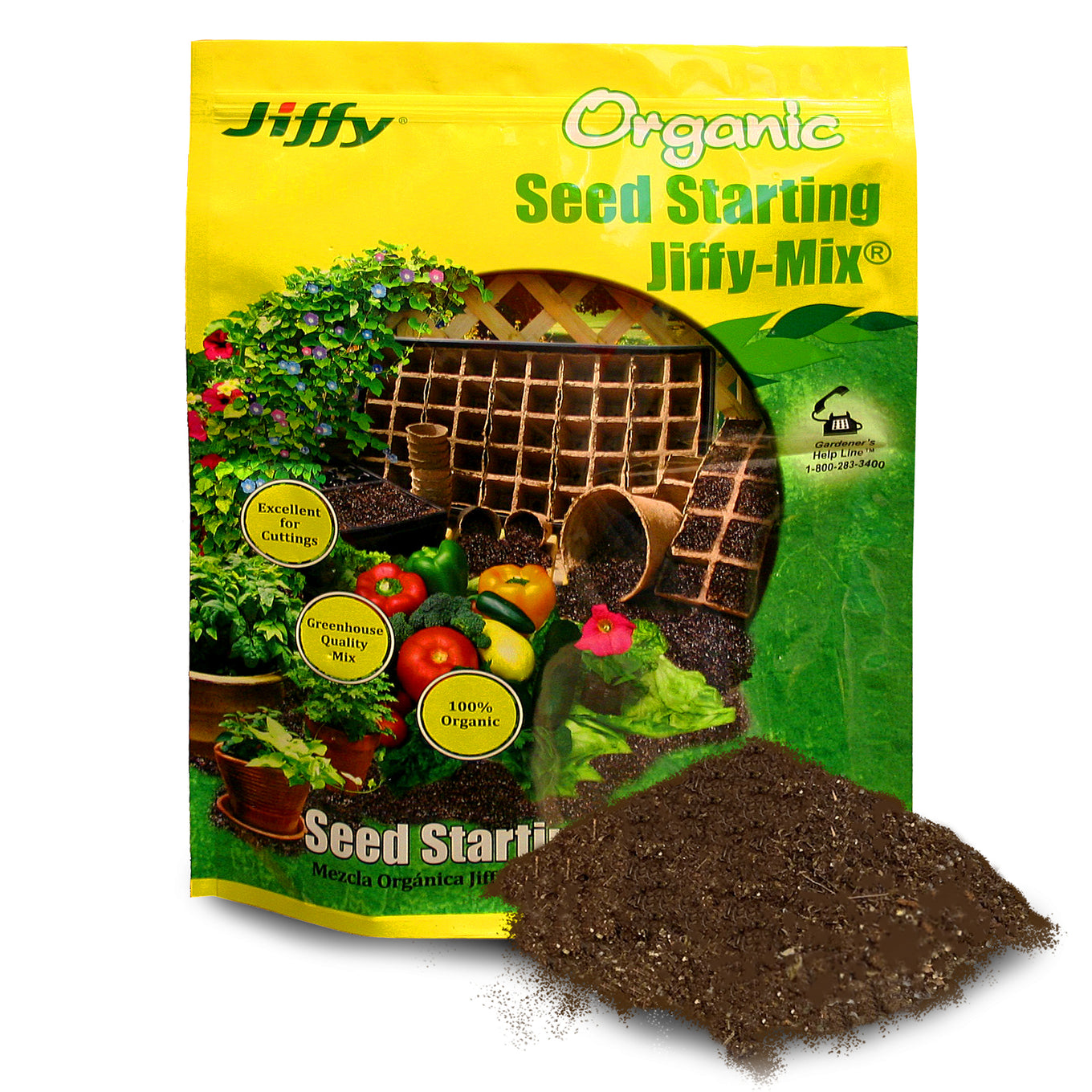 Jiffy Natural and Organic Seed Starting Mix for sowing seeds; picture shows 10QT retail packaging on display with some seed starting mix mound to the bottom right.