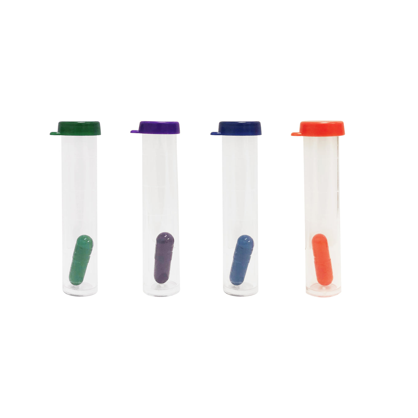 Soil testing kit tubes, green for pH, orange for Potash, purple for Nitrogen, blue for phosphorus.