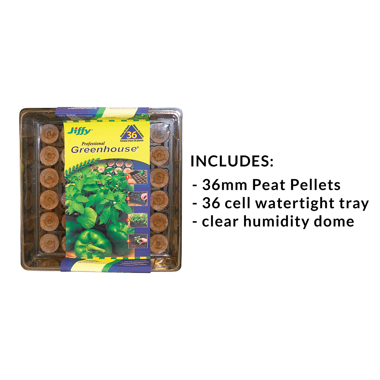 Includes 36mm peat pellets, 36 cell watertight base tray and one clear plastic humidity dome