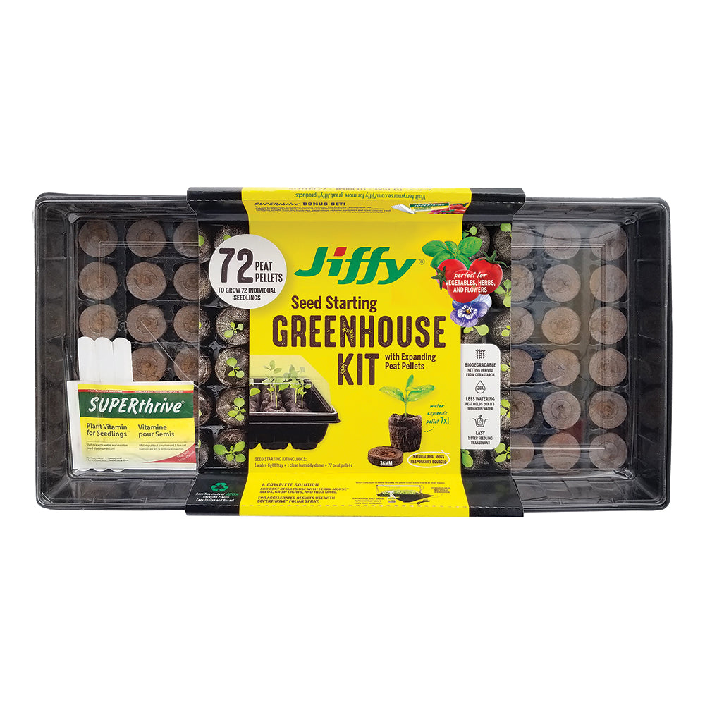 Jiffy 36mm Seed Starting Greenhouse Kit with 72 Plant-based Expanding Peat Pellets + Bonus SUPERthrive & Plant Labels