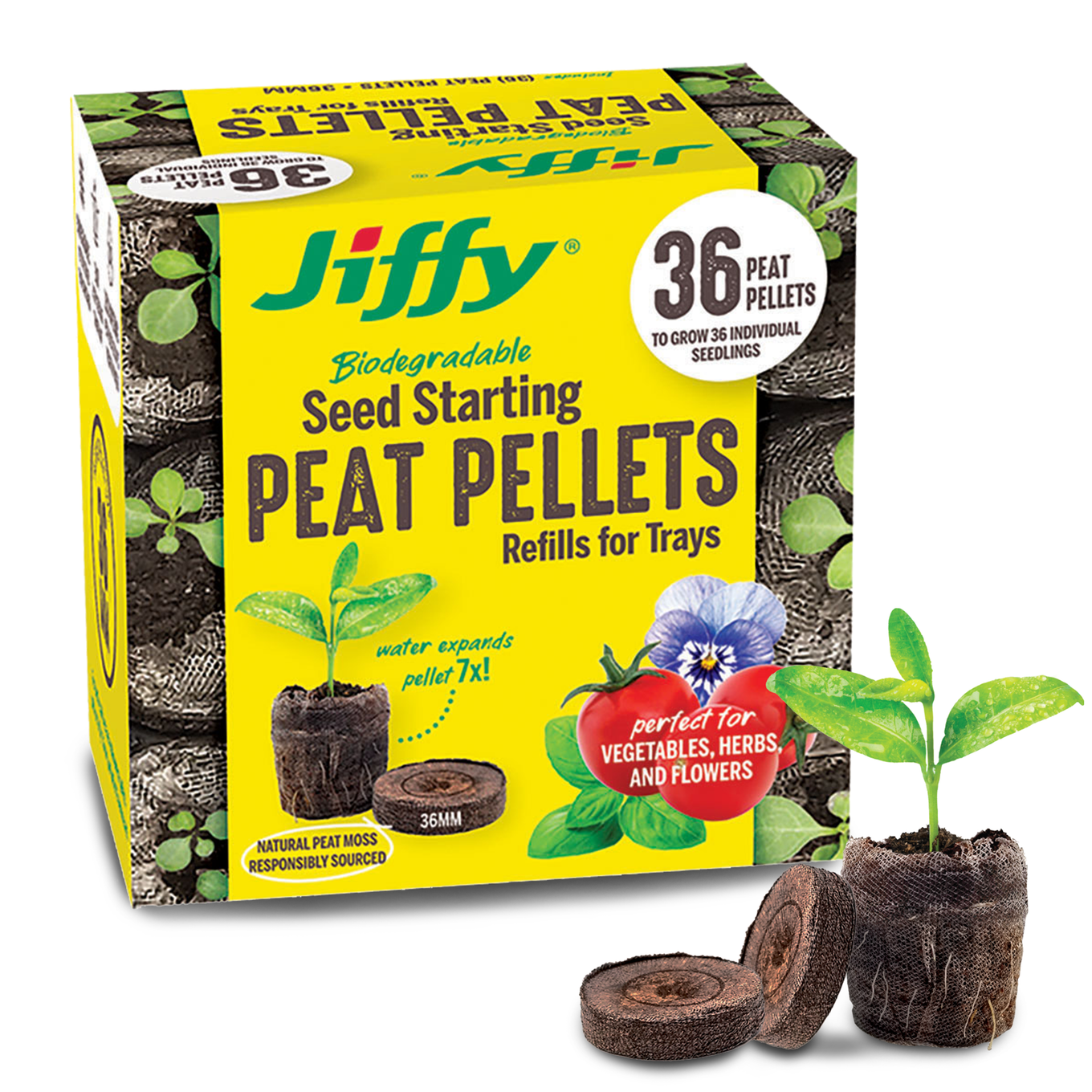 Jiffy 36 Biodegradable Peat Pellet Refills, 36mm Pellets (5 Pack) front of packaging with peat pellets on display for example.