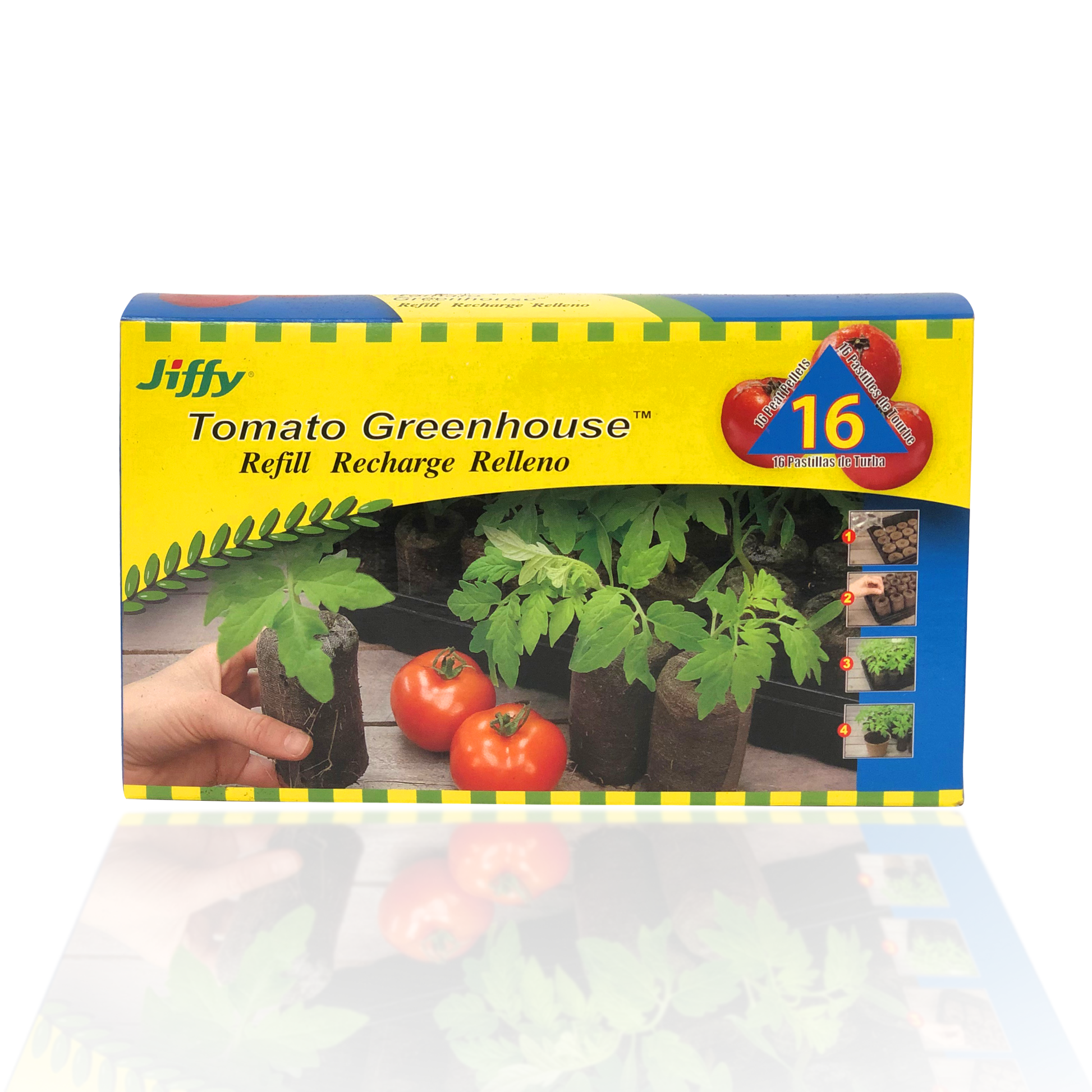 Jiffy Peat Pellet Refills Box of Sixteen 50mm Peat Pellets_Picture displays the shelving box for the refill pack with a picture of tomato seedlings and tomatoes on front of packaging. 50mm peat pellets are great for larger root systems.