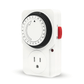 Jiffy Hydro single outlet grounded three-prong timer for grow lights, air pumps and more. Picture is angled, displaying the bright red Automatic or Manual switch on timers side.
