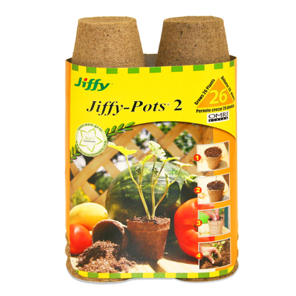 Biodegradable gardening pots made of Canadian Sphagnum Peat Moss used for transplanting seedlings and young plants outdoors or into other pots. Jiff 2 Peat Pots Pack of 26 sitting in the retail shelf product packaging.